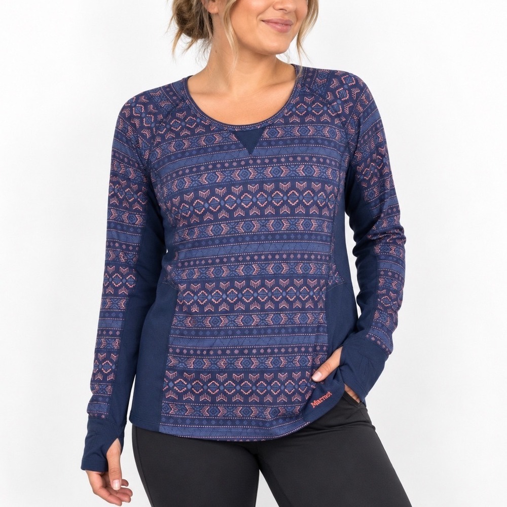 Marmot Womens Large Navy Pink Geometric Long Sleeve Performance Top Thumbholes
